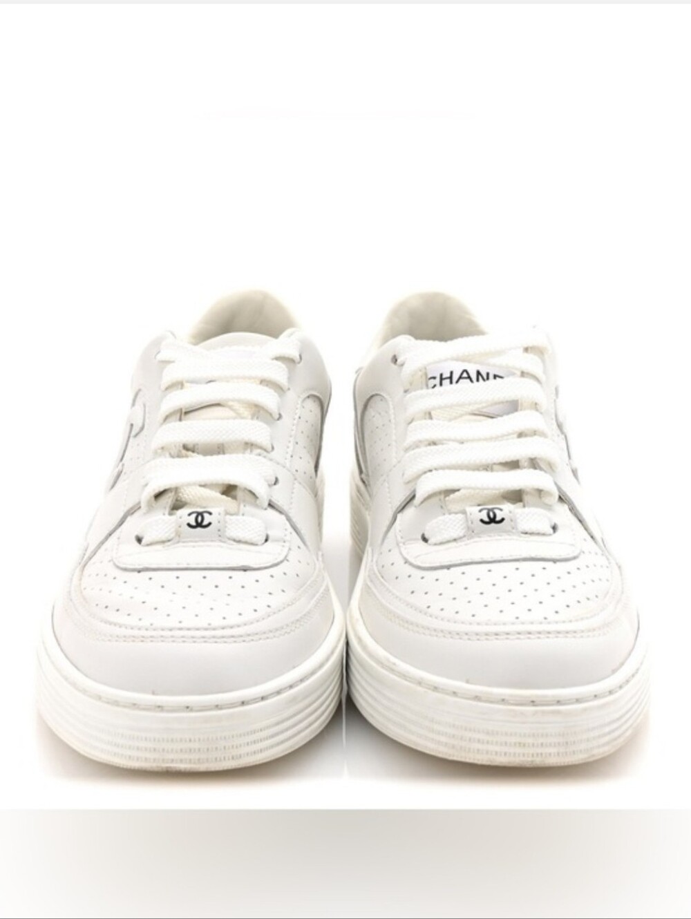 CHANEL White Leather Women's Sneakers with Embroidered CHANEL Heel